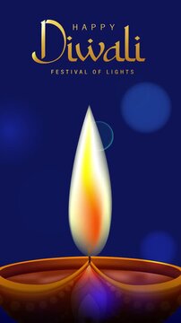 Happy Diwali Festival of Lights with Single Glowing Diya and Elegant Dark Blue Background 4K Vertical Motion Graphics Animation