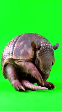 Armadillo rolling into a protective ball and unrolling on a professional chroma key green background for vfx use