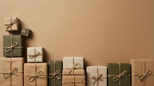 Craft parcels arranged on a neutral beige backdrop with generous copy space