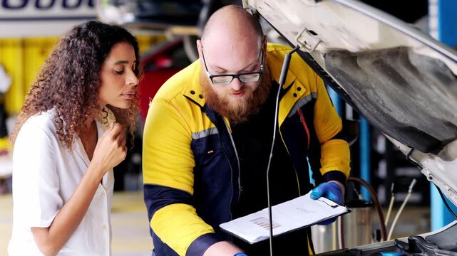 Focused auto mechanic, customer professional service repair shop with serious expression during vehicle maintenance check plus helpful garage