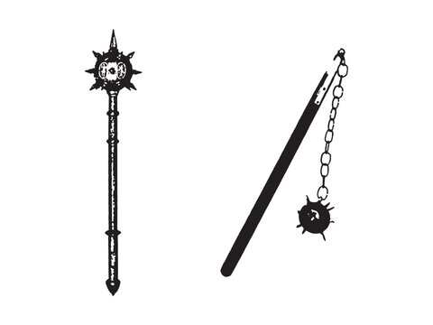 Medieval Spiked Mace and Chain Flail Weapon Pair Illustration