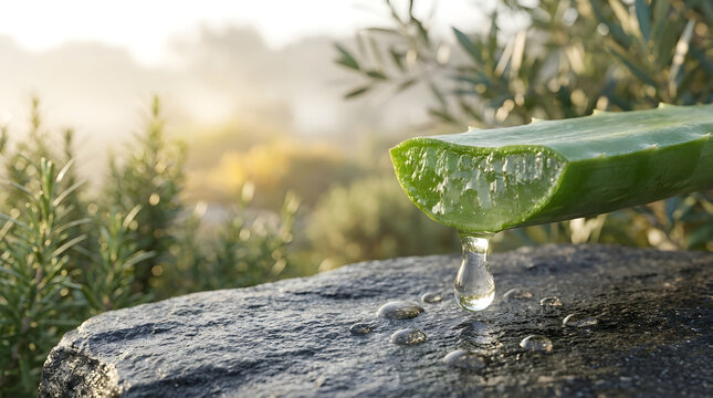 Fresh aloe vera leaf with a dripping drop of gel on a dark stone in natural sunlight.