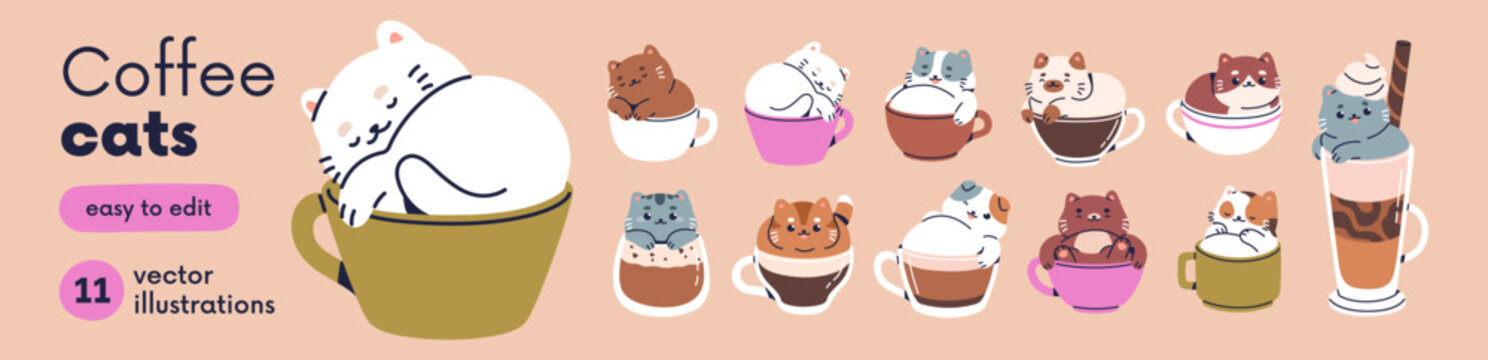 Cats in cups. Cute coffee cups with cats, vector illustrations set. Cute kawaii kittens inside teacups, coffee mugs. Kitty in latte, cappuccino, espresso. Funny cafe drinks. Flat illustrations