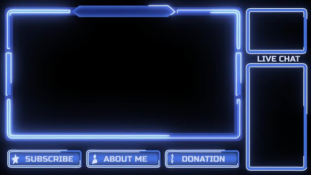 Template Blue Neon Animated Stream Overlay with Webcam and Live Chat Panels for Gaming and Streaming