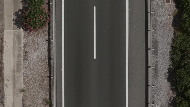 Top-down drone view of an empty asphalt road with white markings and flowering shrubs in Malaga, Spain. A quiet geometric background for transport, travel and infrastructure projects.