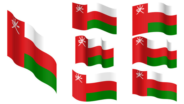 Oman flag set, Oman waving vector flag collection. Isolated on transparent background. Illustration. Design element for banner, presentation, sale, discount, advertisement, web.