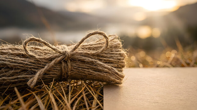 A bundle of rustic hemp string tied neatly with a decorative bow rests peacefully on dry grass outside.