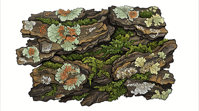 Detailed illustration of tree bark texture with moss and lichen growth.