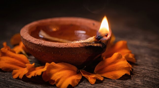 Traditional clay oil lamp diya glowing with marigold flower petals for diwali festival celebration in india
