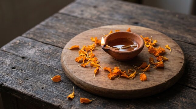 Traditional clay oil lamp diya surrounded by scattered marigold flower petals on a rustic wooden table background