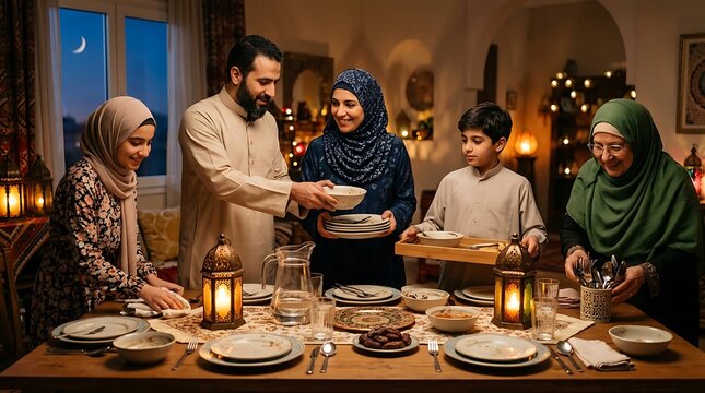 Family enjoying ramadan iftar meal at decorated dining table with lights.