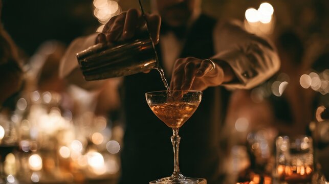 Professional male bartender pouring signature alcoholic cocktail from metal shaker into elegant coupe glass at luxury night club bar counter with glowing golden bokeh background night life event
