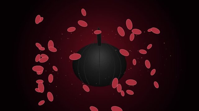 Abstract medical animation of red cells circulating around a dark spherical core erythrocytes hematology