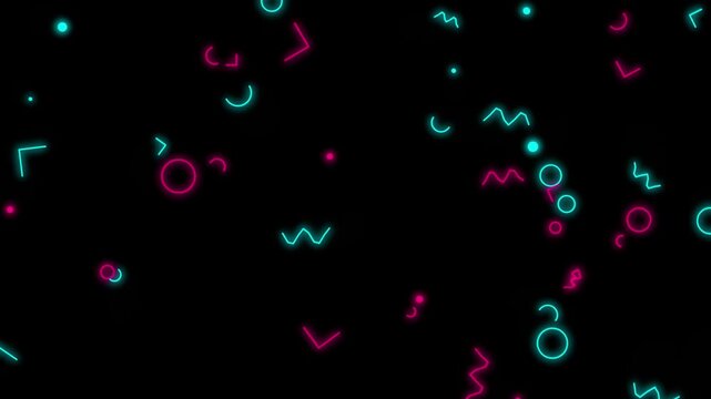 Neon memphis style abstract motion background, with glowing geometric, shapes and floating, particles