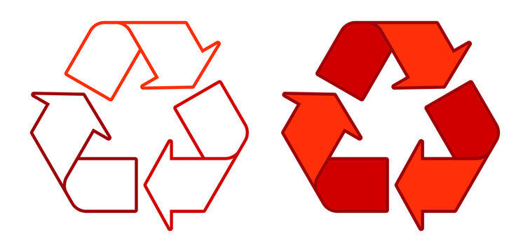 Red recycle symbol vector set. Folded triangular arrow loop icons in outline and filled styles.