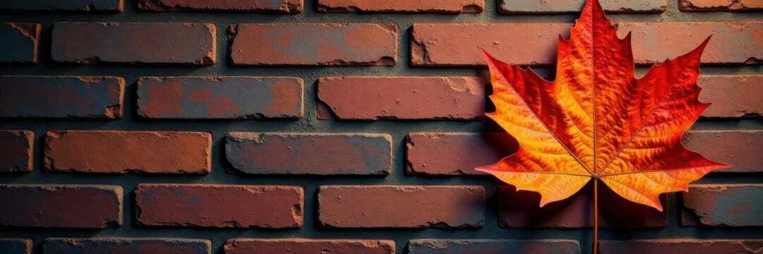 Dried maple leaf clinging to brick wall, asymmetry , isolated, brown