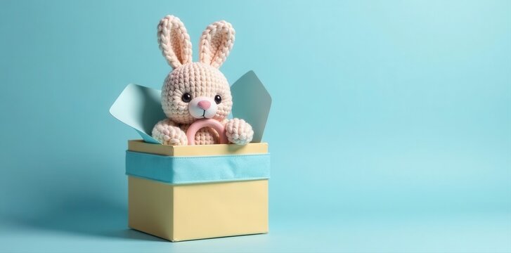 Gift box with knitted bunny rattle and teether Pastel blue backdrop , present, teether