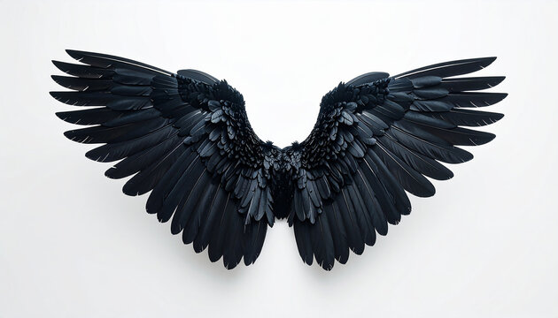 Single Detailed Dark Wing Black Feathers Spread Open Dramatic Isolated White Background