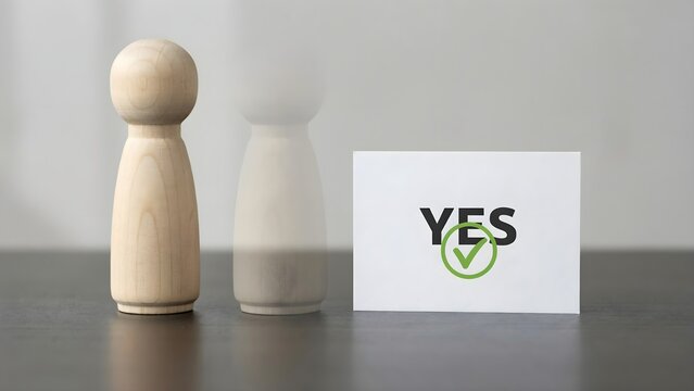 Wooden figure standing near a motion effect version of itself and a white card with the word yes and a green checkmark