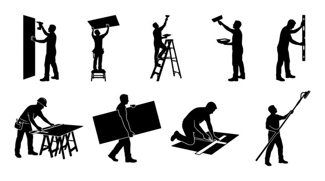 Construction worker silhouettes set with drywall installation, measuring, cutting and sanding for renovation and repair