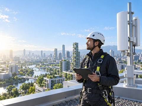 Telecommunications engineer with tablet inspecting modern 5G antenna overlooking smart city