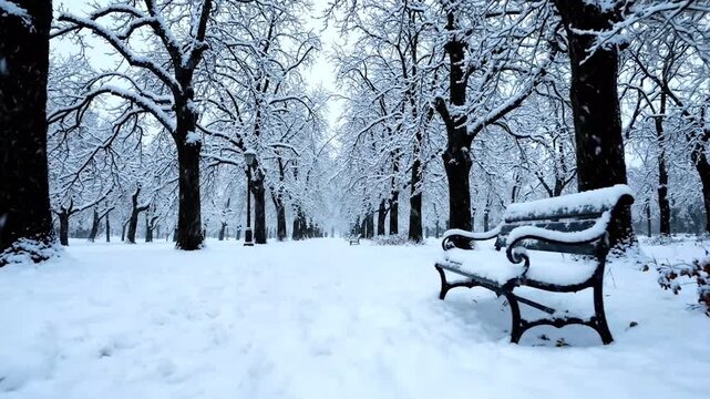 A lonely wooden bench sits in a snowy park during winter a tranquil