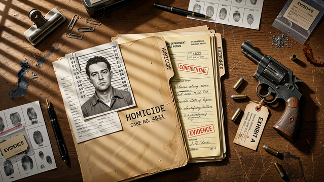 Vintage Detective Murder Mystery Crime Scene Evidence Desk with Homicide Case File, Suspect Mugshot, Fingerprints, and Handgun