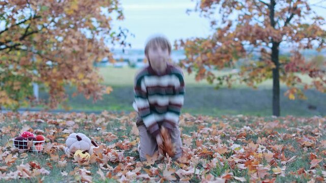 Cute child in the park autumn time, playing with pumpkins