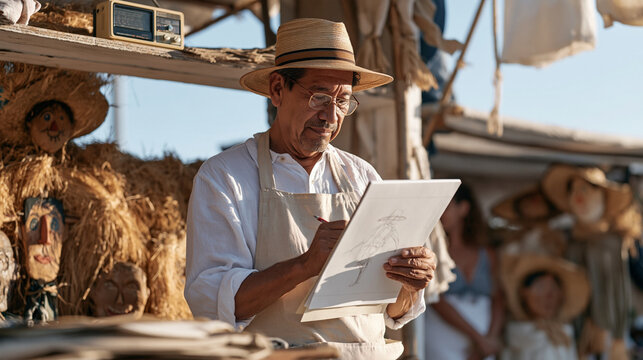 A scarecrow maker sketches a new harvest figure design on paper in a vibrant outdoor market stall, a small transistor radio playing quietly on the shelf above, the master craft