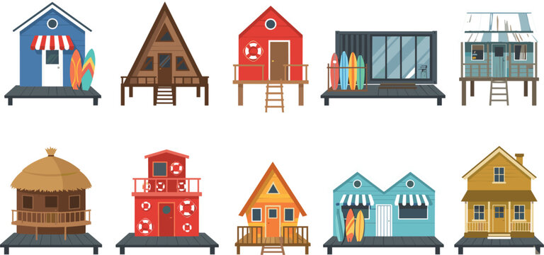 Tropical beach houses set with surf shacks bungalows container home and lifeguard tower coastal architecture vector illustration elements