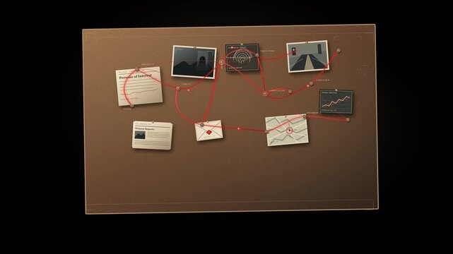 Animated detective investigation board with photos notes and red string linking mystery evidence on dark background illustration
