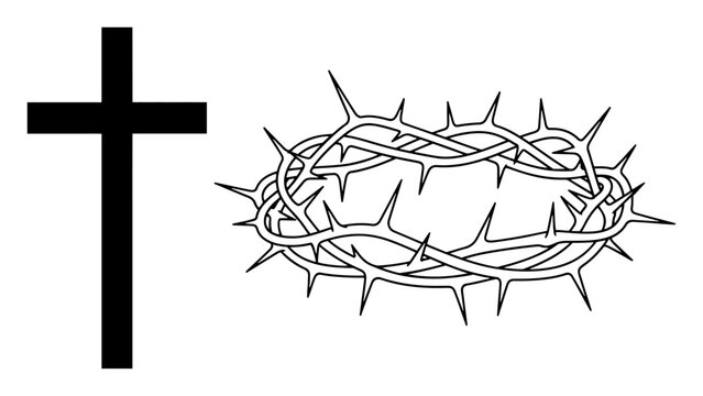 Christian Cross and Crown of Thorns as Sacred Easter Religious Symbols in Minimalist Black Silhouette and Outline Vector Set