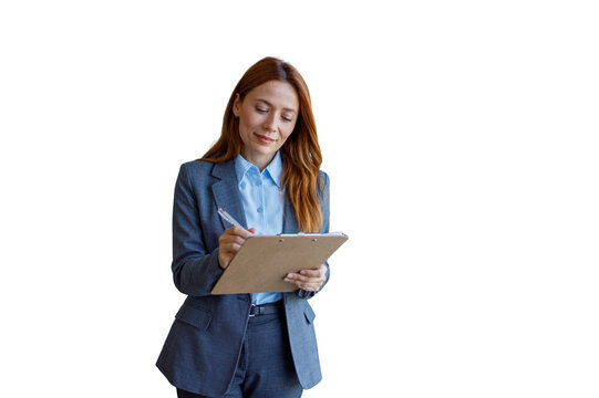 Businesswoman writing on clipboard, managing tasks, transparent background