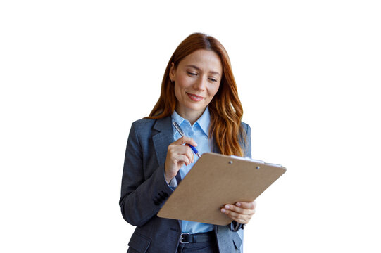 Professional woman holding clipboard writing business notes