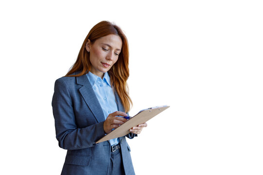 Professional businesswoman writing on clipboard performing task