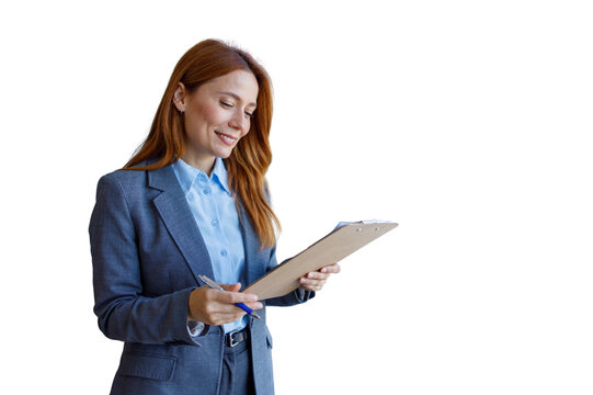 Businesswoman reviewing clipboard, professional and smiling, transparent background