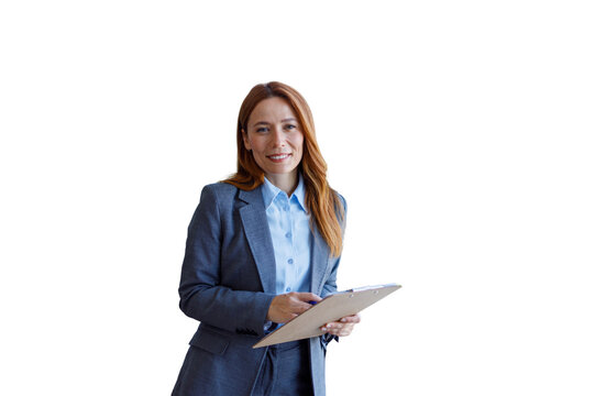 Businesswoman holding clipboard smiling on transparent background