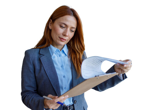 Professional businesswoman reviewing document on clipboard, transparent background