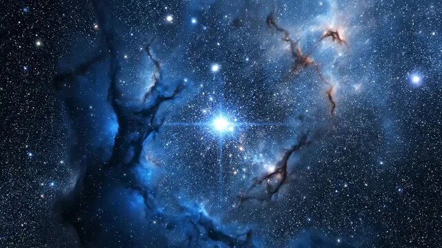 Deep blue cosmic nebula filled with bright stars, glowing interstellar clouds and dense galaxy dust in outer space