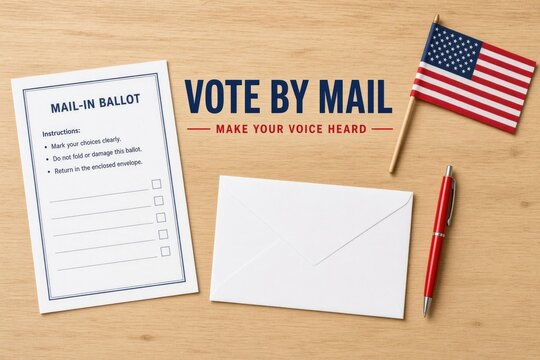 Mail-in voting concept featuring ballot, envelope, pen, flag, encouraging civic