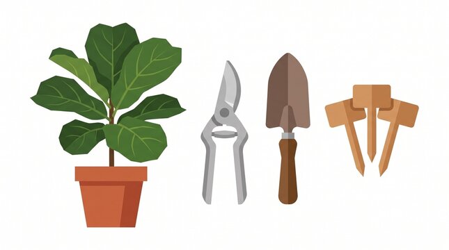 Potted fiddle leaf fig plant with gardening tools and wooden markers