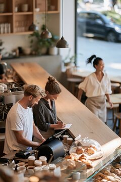 Busy bakery cafe with two baristas taking orders at counter and glass pastry case of croissants for cafe website background and banner design