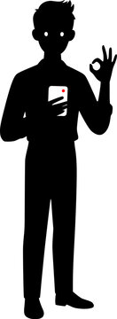 Minimal vector silhouette of a man holding smartphone and making an OK gesture draw