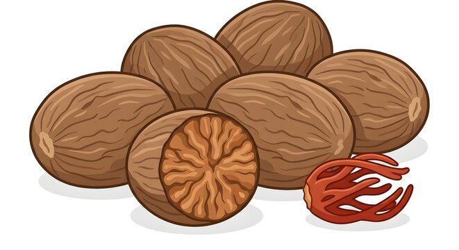 Whole Nutmeg Seeds with Red Mace Spice Vector Illustration Isolated on White Background - Indonesian spice, bumbu dapur, cooking ingredient
