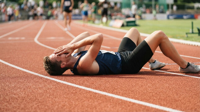 Exhausted male athlete lying on a red running track with hands covering his face after a race, wearing a blue singlet and black compression shorts in an outdoor stadium setting.