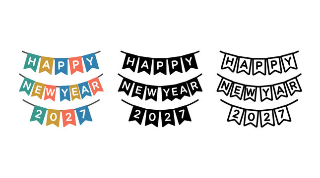 Colorful and monochrome Happy New Year 2027 bunting designs for festive celebrations