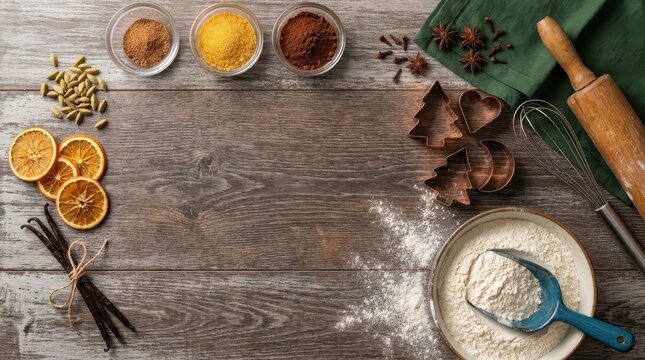 Baking ingredients arranged around empty wooden surface, dried citrus slices and aromatic spices, rustic Christmas baking flat lay background