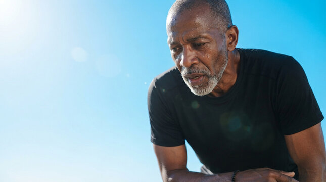 Senior African American man sweating after workout outdoors under clear blue sky. He wears a black athletic t-shirt and has a grey beard, looking down with an exhausted expression.
