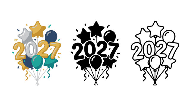 Colorful balloons and stars celebrating the year 2027 with festive decorations and fun design