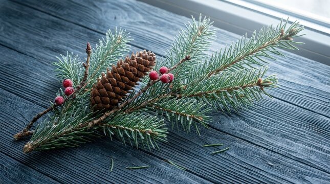 Frosted pine branch with brown pinecone and red berries, natural winter foliage on dark wooden planks, rustic Christmas botanical background